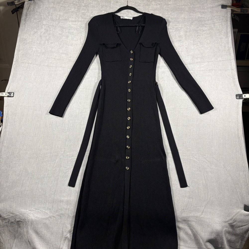 Zara Womens Black Ribbed Knit Button Down Midi Dress Long Sleeve Size L - Picture 11 of 14